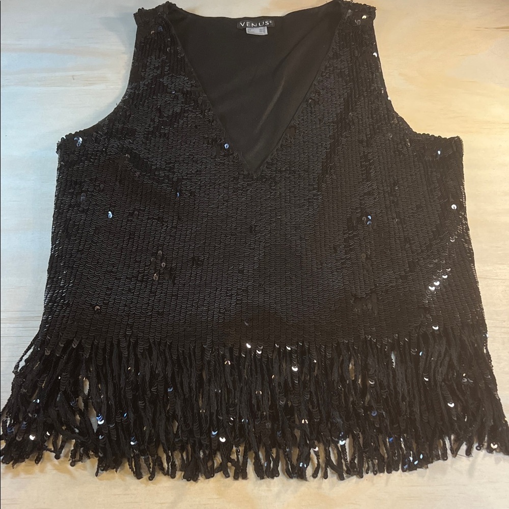 VENUS Black Sequin Fringe V-Neck Tank Top